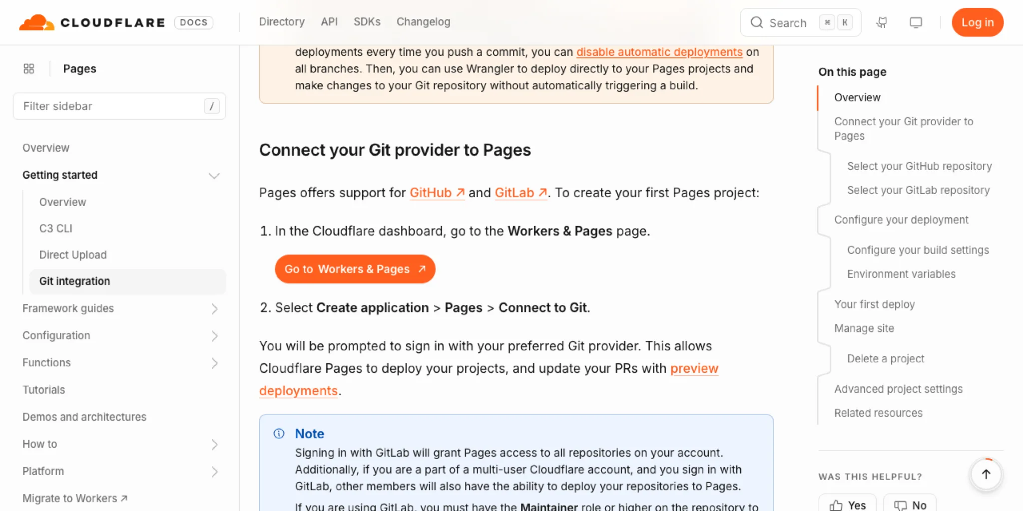 Cloudflare 공식 문서의 Git 연동 안내 — Workers & Pages에서 Create application, Pages, Connect to Git 순서로 진행하라는 설명