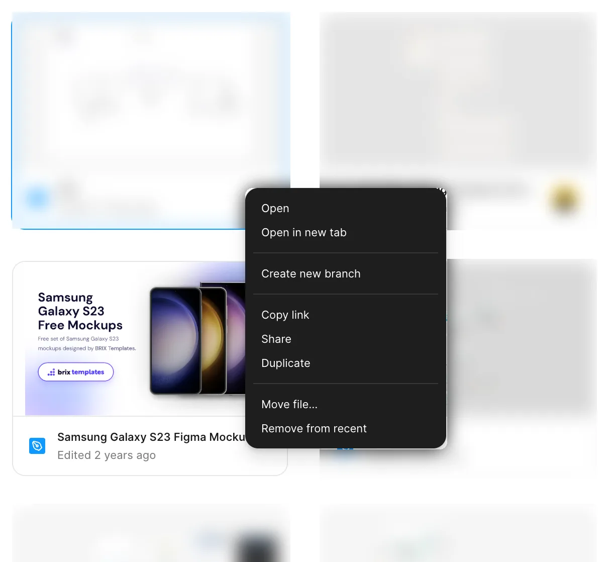 Figma 파일 목록에서 파일 카드를 우클릭했을 때 나오는 메뉴 — Open, Create new branch, Copy link, Share, Duplicate 항목